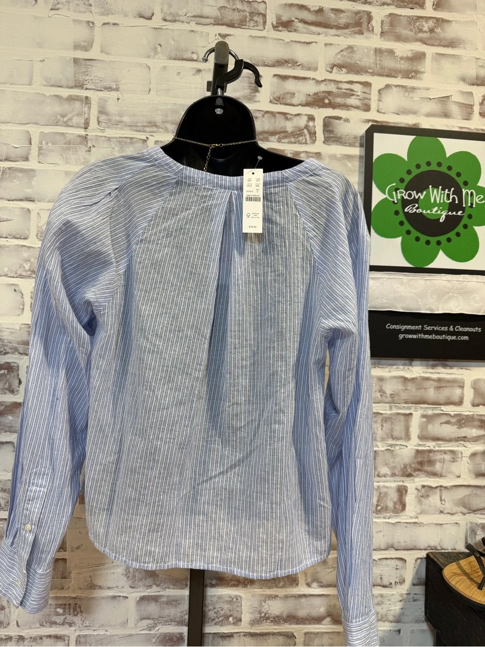 J. Crew Light Blue and White Striped Tie-Neck Blouse